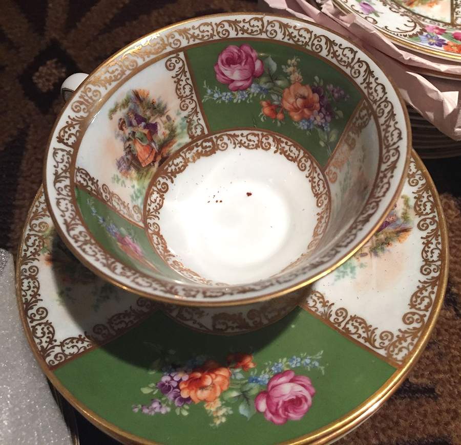 Royal Dresdner Art Green (Panels) Footed Cup & Saucer Set by Schumann - Bavaria-1
