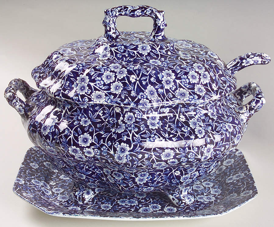 Calico Blue (Crownford Stamp) Tureen & Lid w/Ladle & Underplate by Staffordshire-1