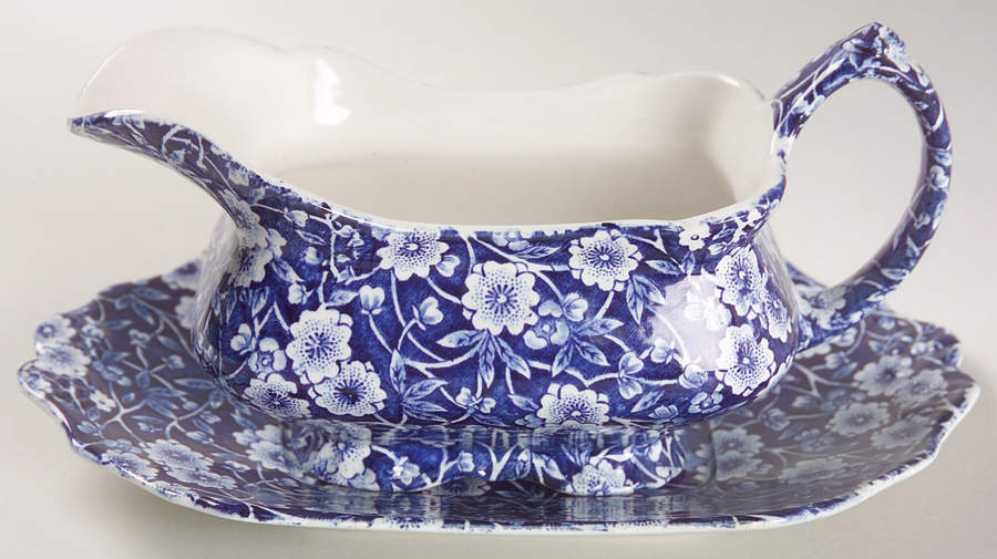 Calico Blue (Crownford Stamp) Gravy Boat & Underplate by Staffordshire-1