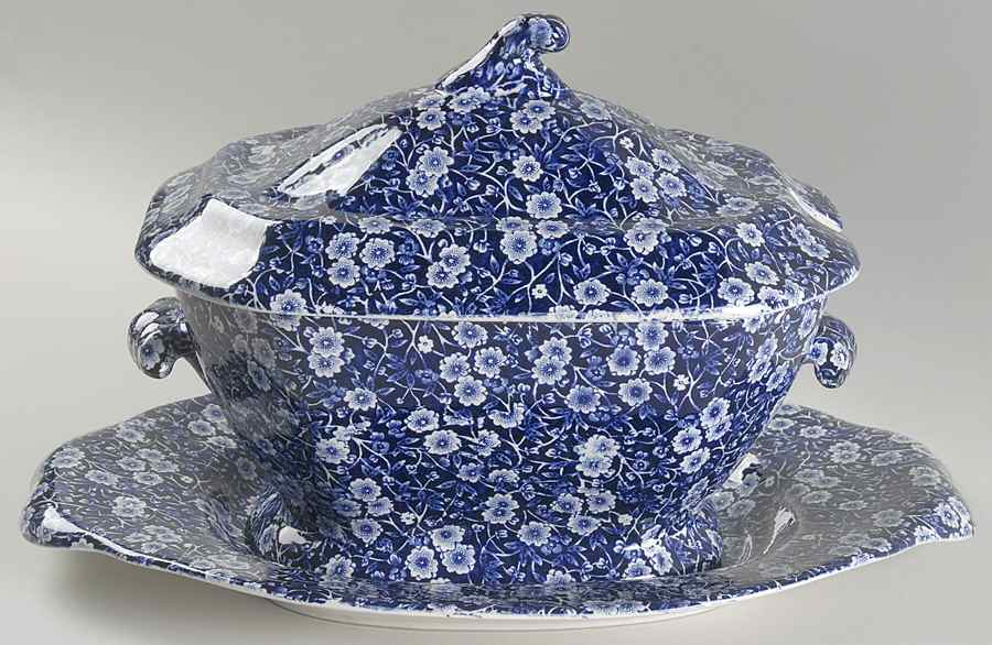Calico Blue (Crownford Stamp) Tureen & Lid w/Underplate by Staffordshire-1
