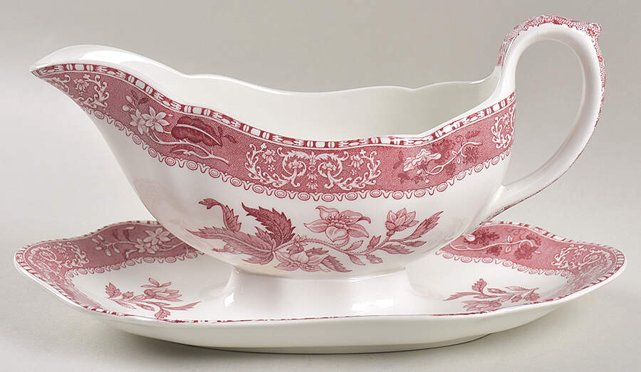 Pink Camilla (Scallop, New Stamp, Microwavable) Gravy Boat with Attached Underplate by Spode-1