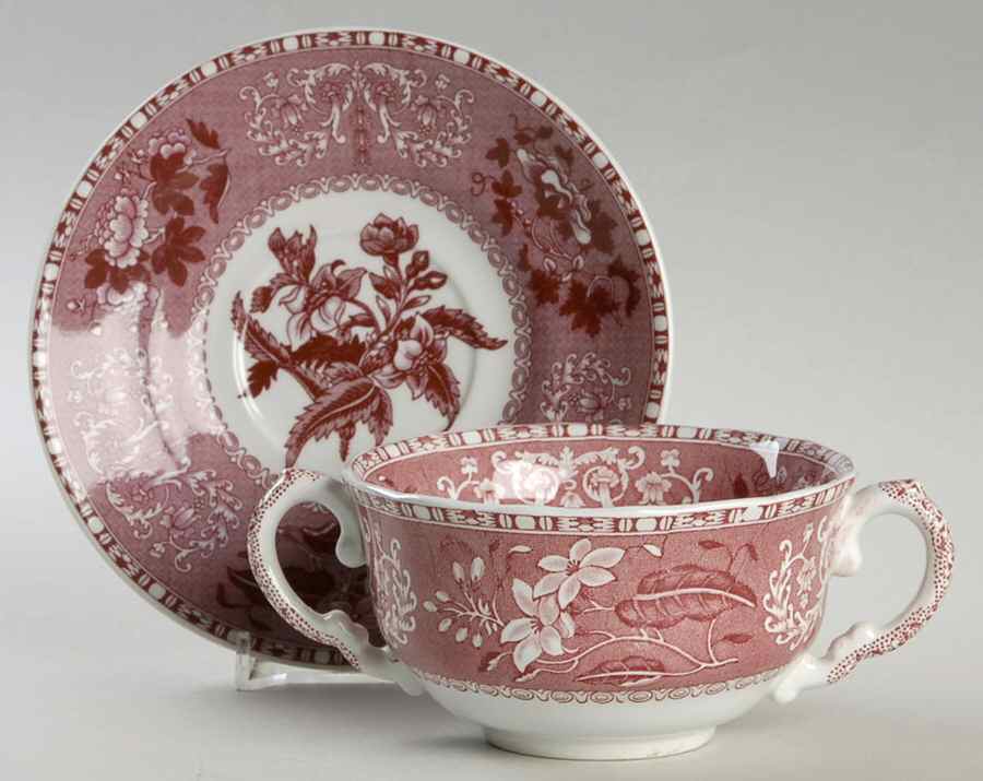 Pink Camilla (Scallop, New Stamp, Microwavable) Flat Cream Soup Bowl & Saucer Set by Spode-1