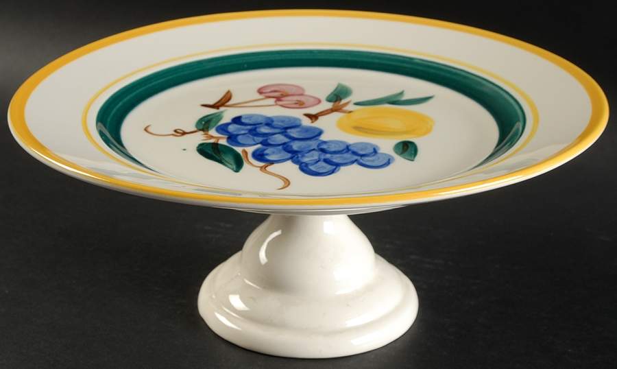 Fruit (White Background, Not Carved) 10" Diameter Pedestal Cake Stand by Stangl-1