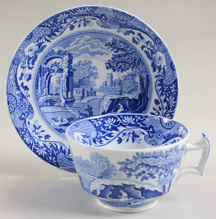 Blue Italian (Older) Footed Cup & Saucer Set by Spode-1