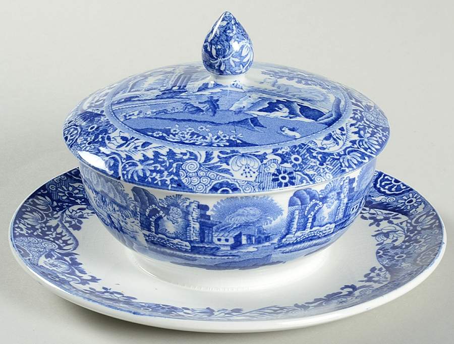 Blue Italian (Older) Mayonnaise with Attached Underplate & Lid by Spode-1