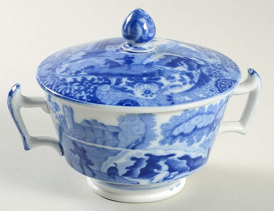 Blue Italian (Older) Footed Bouillon Cup and Saucer with Lid by Spode-1