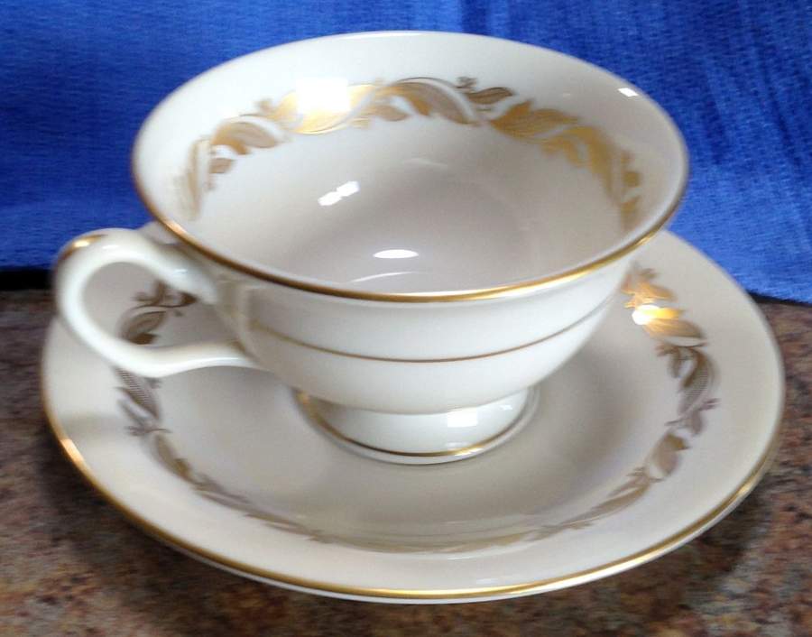Carlton (Gold Leaf Band, Not Embossed) Footed Cup & Saucer Set by Shenango-1