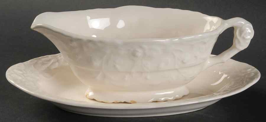 Rose Point Gravy Boat & Underplate/Relish by Steubenville-1