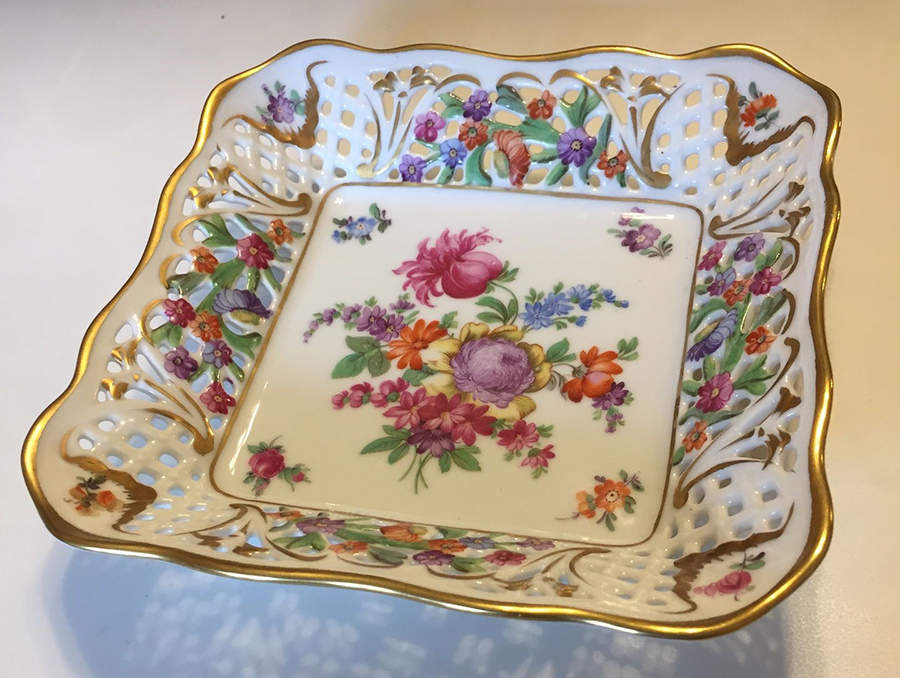 Dresden Line-Bouquet (Pierced) 7" Large Square Bon Bon by Schumann - Bavaria-1