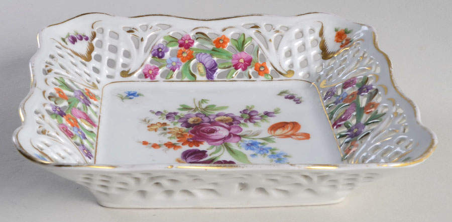Dresden Line-Bouquet (Pierced) 7" Large Square Bon Bon by Schumann - Bavaria-1