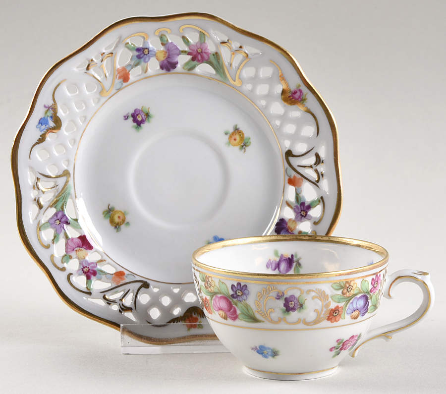 Dresden Line-Bouquet (Pierced) Flat Demitasse Cup & Saucer Set by Schumann - Bavaria-1