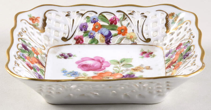 Dresden Line-Bouquet (Pierced) 6" Large Square Bon Bon by Schumann - Bavaria-1