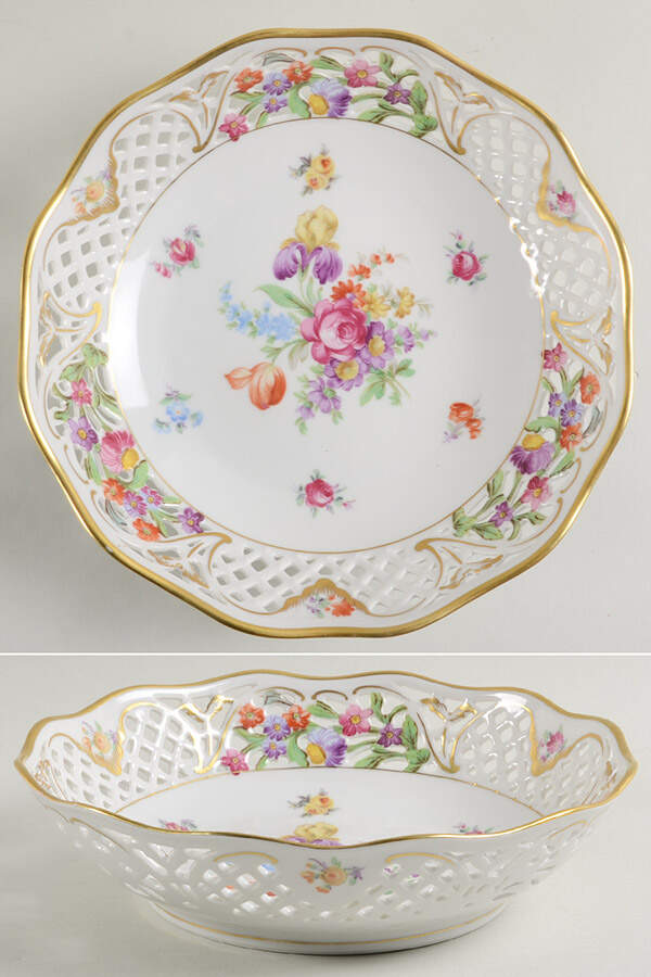 Dresden Line-Bouquet (Pierced) 9" Pierced Round Bowl by Schumann - Bavaria-1