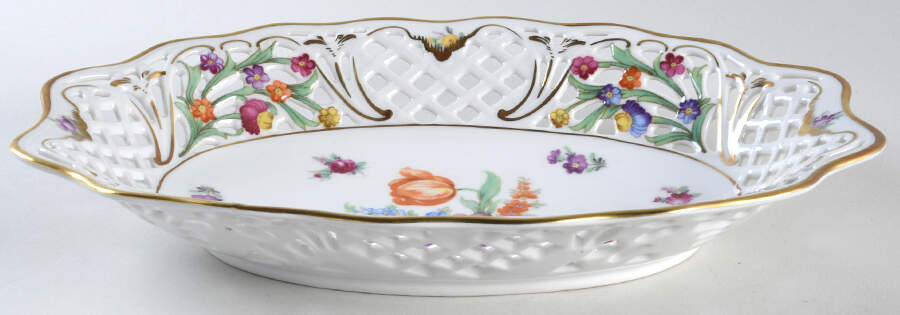 Dresden Line-Bouquet (Pierced) 10" Pierced Oval Bowl by Schumann - Bavaria-1