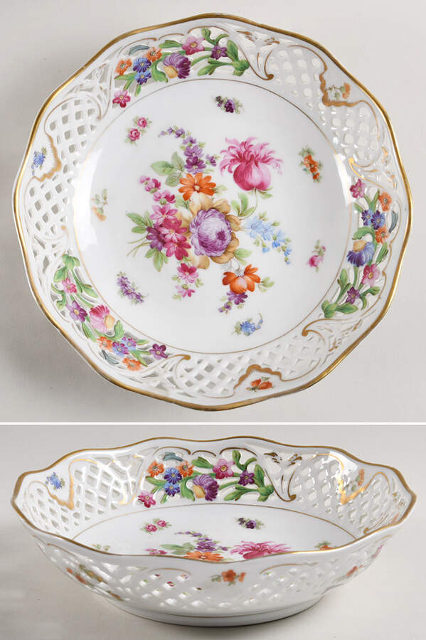 Dresden Line-Bouquet (Pierced) 9" Pierced Round Bowl by Schumann - Bavaria-1
