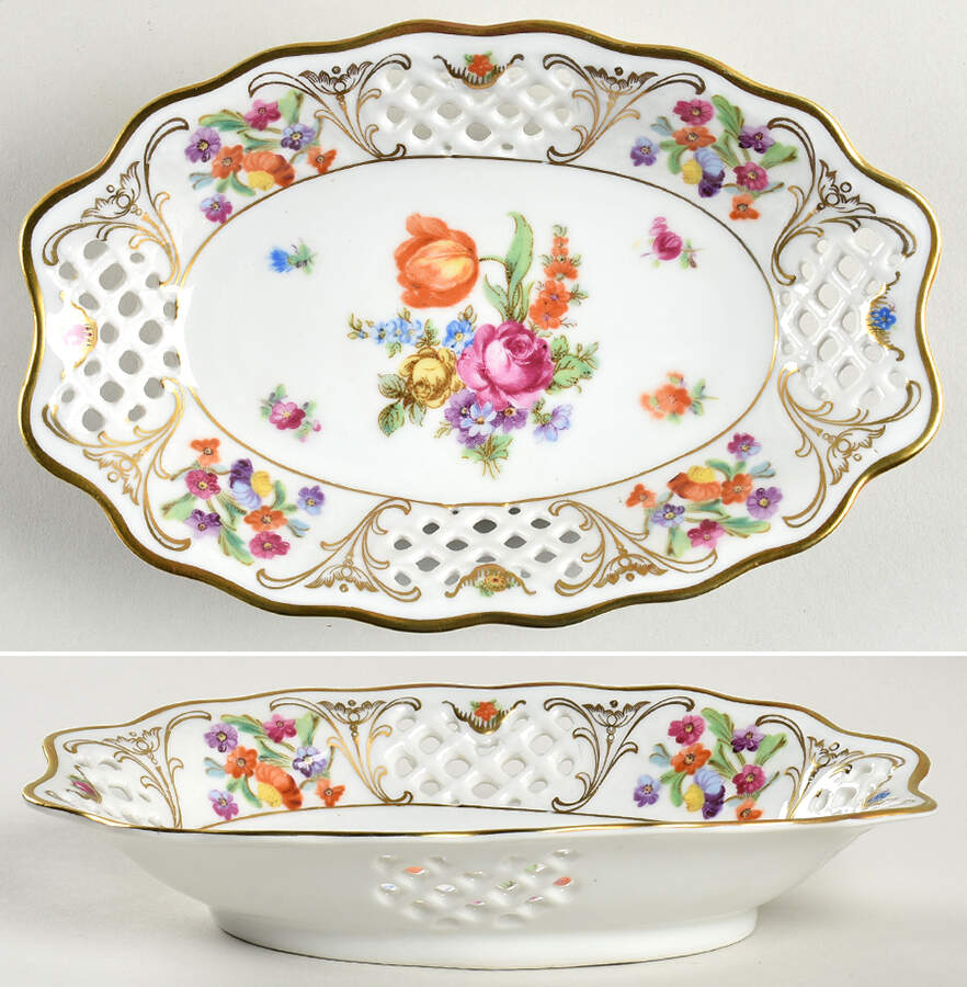 Dresden Line-Bouquet (Pierced) 8" Pierced Oval Bowl by Schumann - Bavaria-1