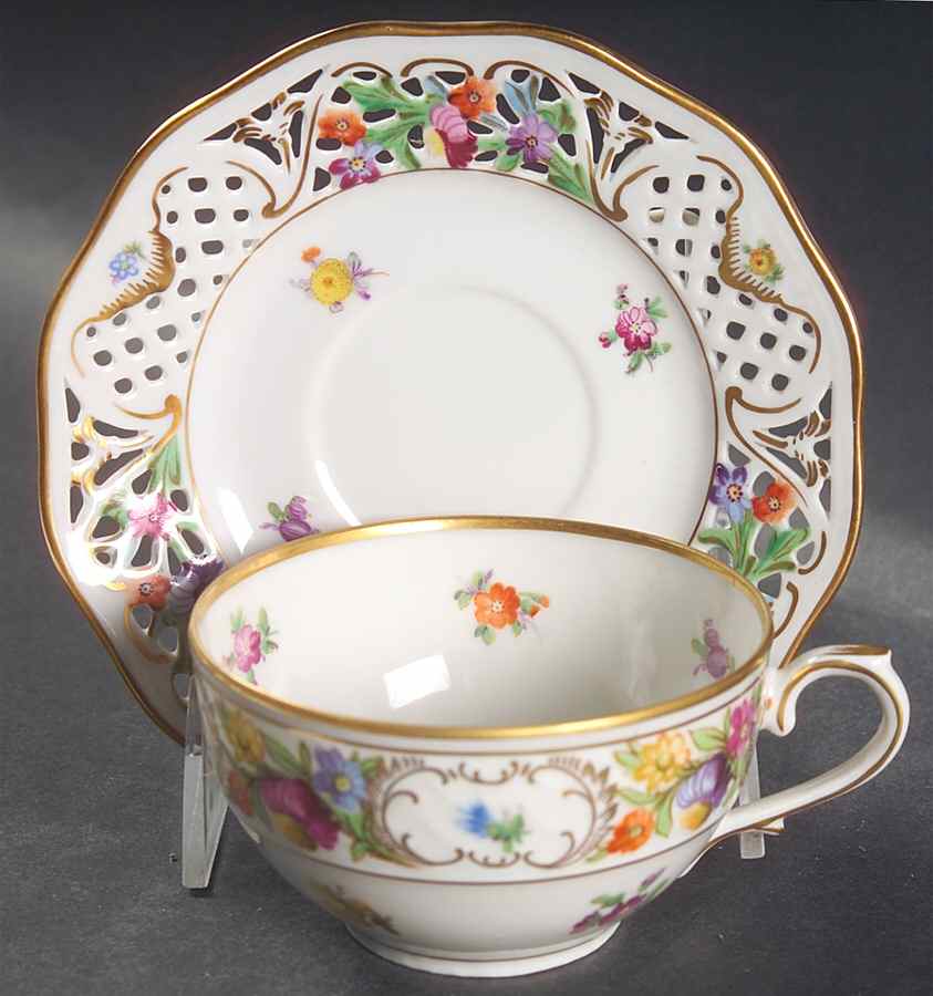 Dresden Line-Bouquet (Pierced) Flat Cup & Saucer Set by Schumann - Bavaria-1