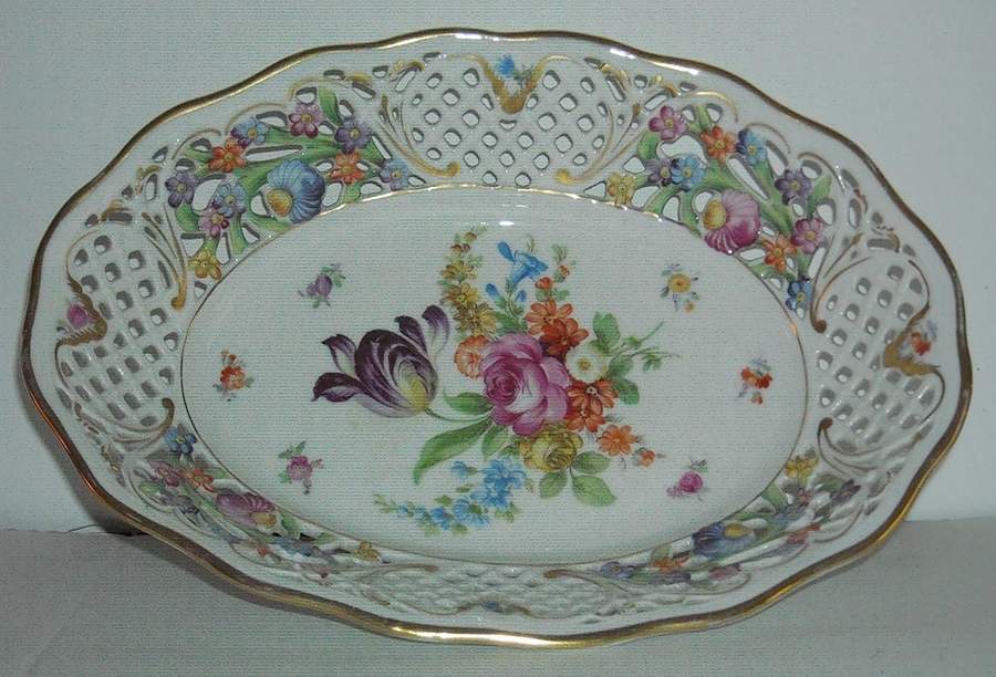 Dresden Line-Bouquet (Pierced) 11" Pierced Oval Bowl by Schumann - Bavaria-1