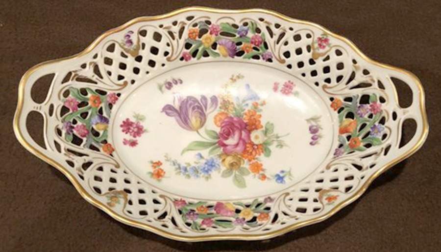 Dresden Line-Bouquet (Pierced) 13" Pierced Oval Bowl by Schumann - Bavaria-1