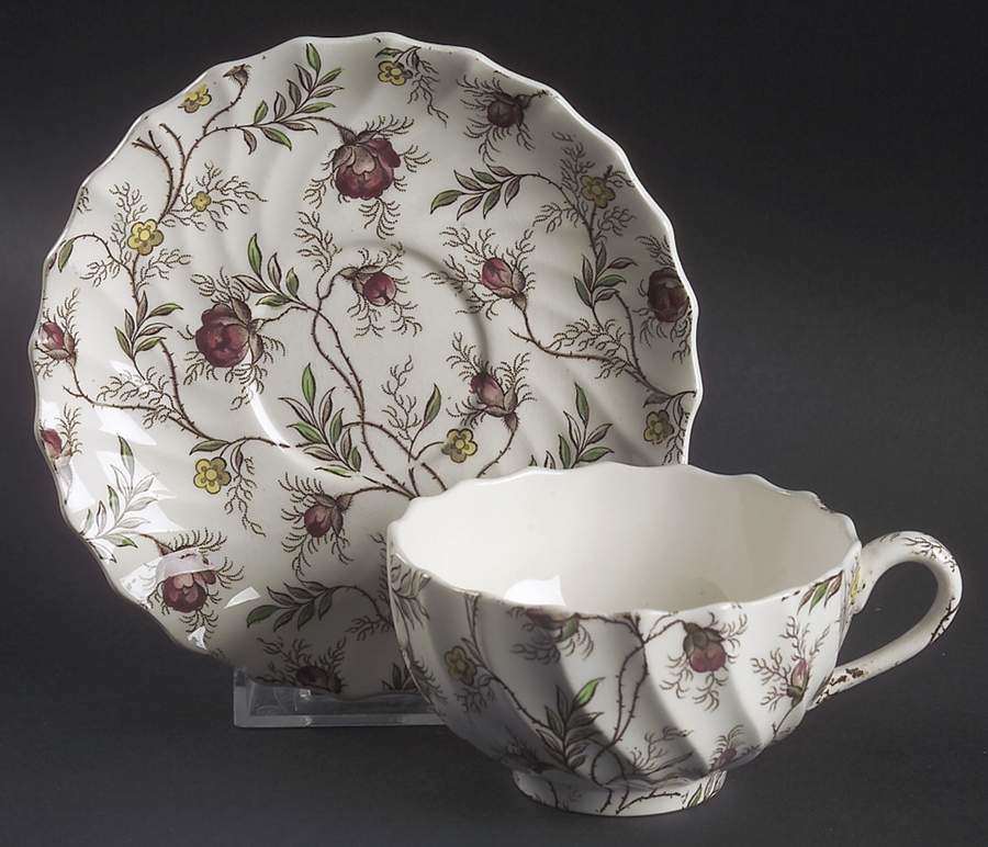 Rosebud Chintz (2-8388, Brown Vine) Flat Cup & Saucer Set by Spode-1