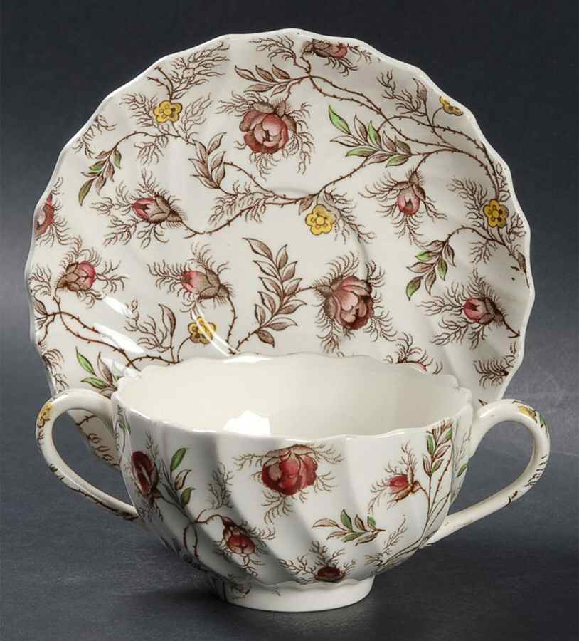 Rosebud Chintz (2-8388, Brown Vine) Flat Bouillon Cup & Saucer by Spode-1