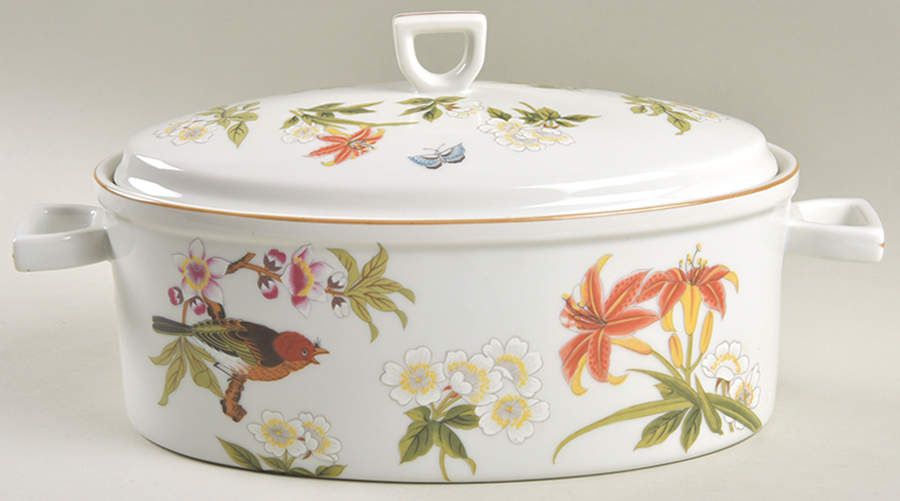 Chinese Garden (Mustard Trim) 2 Quart Oval Covered Casserole by Shafford-1