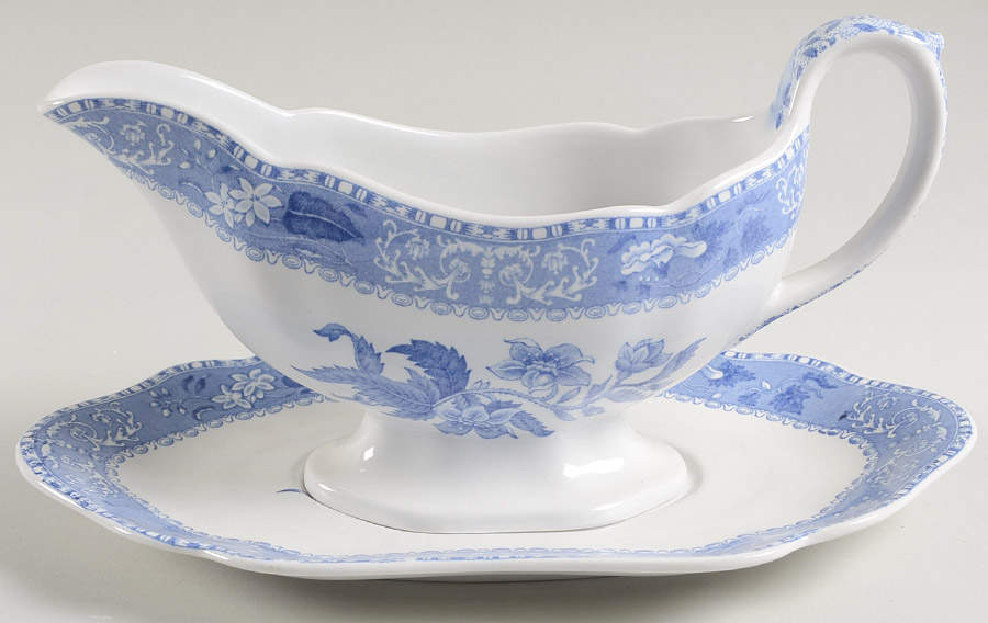Blue Camilla (Scalloped, New Black Backstamp) Gravy Boat & Underplate by Spode-1