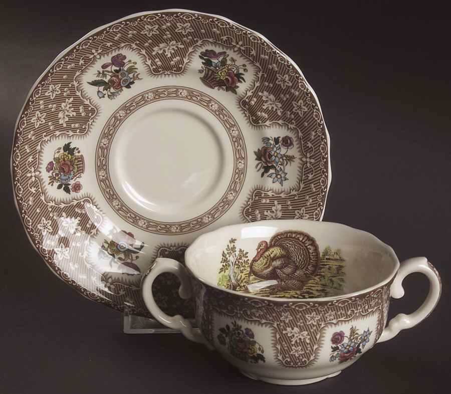 Thanksgiving Brown, Multicolor (No Trim) Flat Cream Soup Bowl & Saucer Set by Spode-1