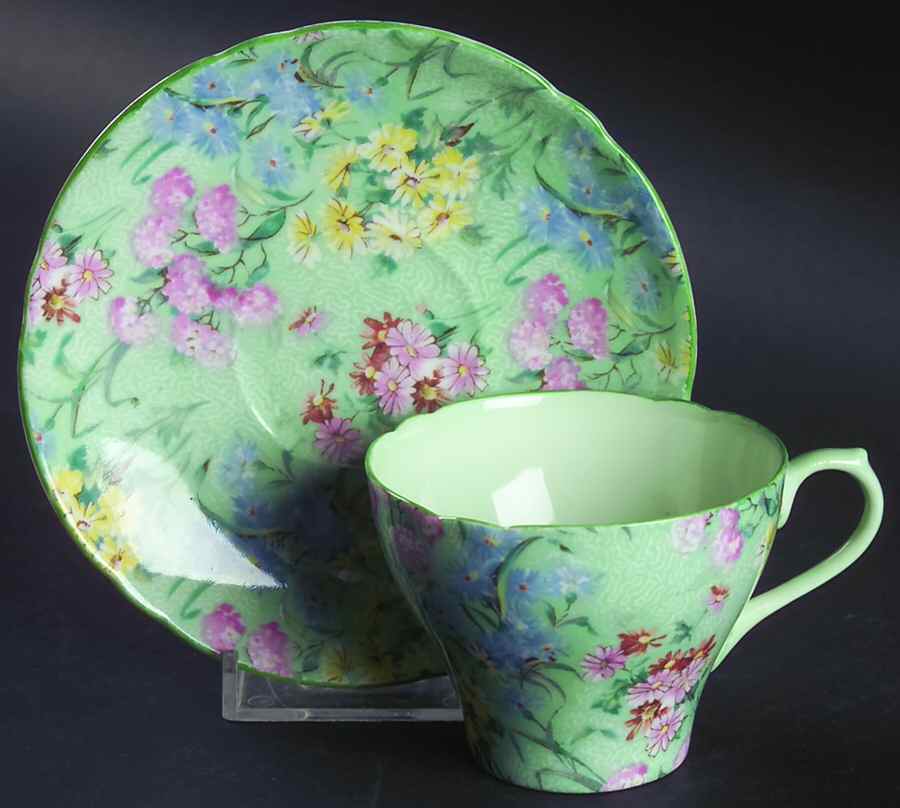 Melody (Henley&New Cambridge Shape, Green) Flat Demitasse Cup & Saucer Set by Shelley-1