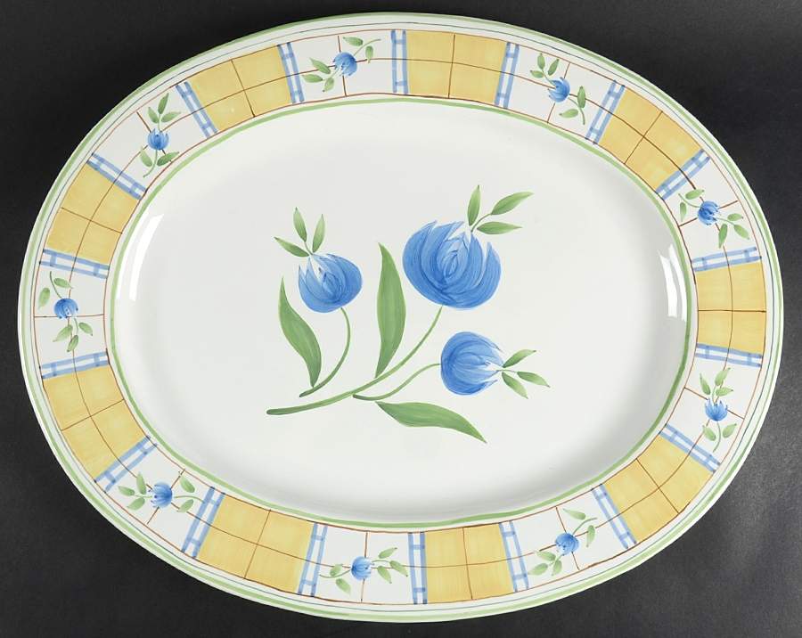 Gingham Blue 20" Oval Serving Platter by Studio Nova-1
