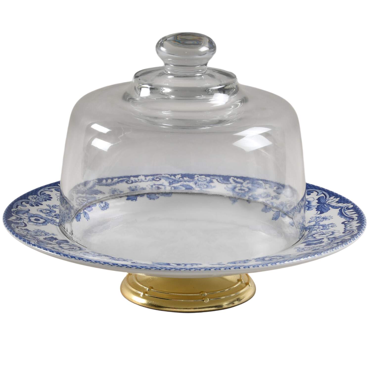 Delamere Blue 6 1/2"-7 1/2" Footed Cheese Plate w/ Glass Dome HC by Spode-1