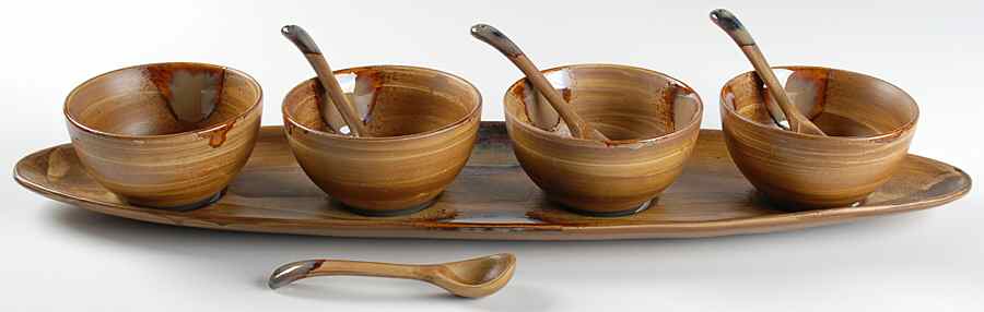 Splash Brown (9 Piece) Condiment Set (4 Bowls, 4 Spoons & Tray) by Sango-1