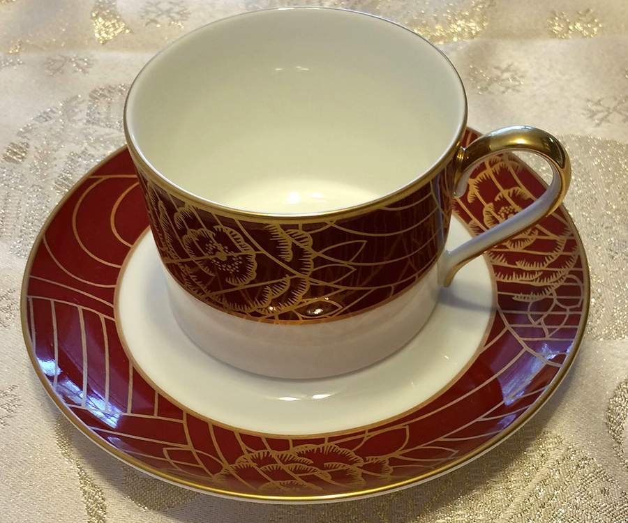 Cloisonne Rose Ruby Flat Cup & Saucer Set by Savoir Vivre-1