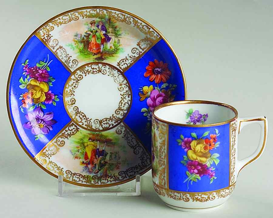 Royal Dresdner Art Blue (Panels) Flat Demitasse Cup & Saucer Set by Schumann - Bavaria-1