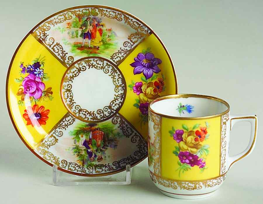 Royal Dresdner Art Yellow (Panels) Flat Demitasse Cup & Saucer Set by Schumann - Bavaria-1