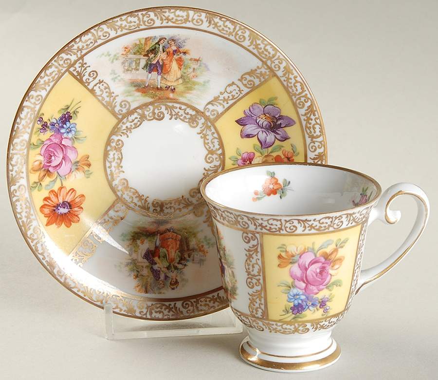 Royal Dresdner Art Yellow (Panels) Footed Demitasse Cup & Saucer Set by Schumann - Bavaria-1