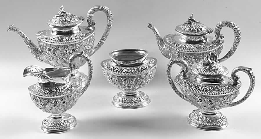 Baltimore Rose (Sterling, 1905, Hollowware) 5 Piece Tea Set (SCP, STP, SCR, SSU, SWB) by Schofield-1