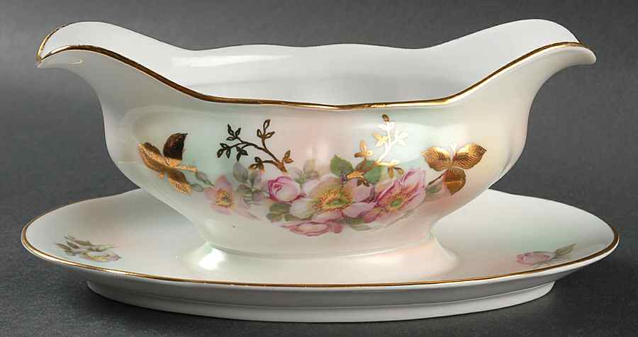 Wild Rose (Scallop, Rim , Not Embossed) Gravy Boat with Attached Underplate by Schumann - Bavaria-1