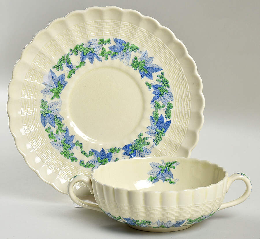 Valencia Blue Green (Cream Background) Flat Cream Soup Bowl & Saucer Set by Spode-1