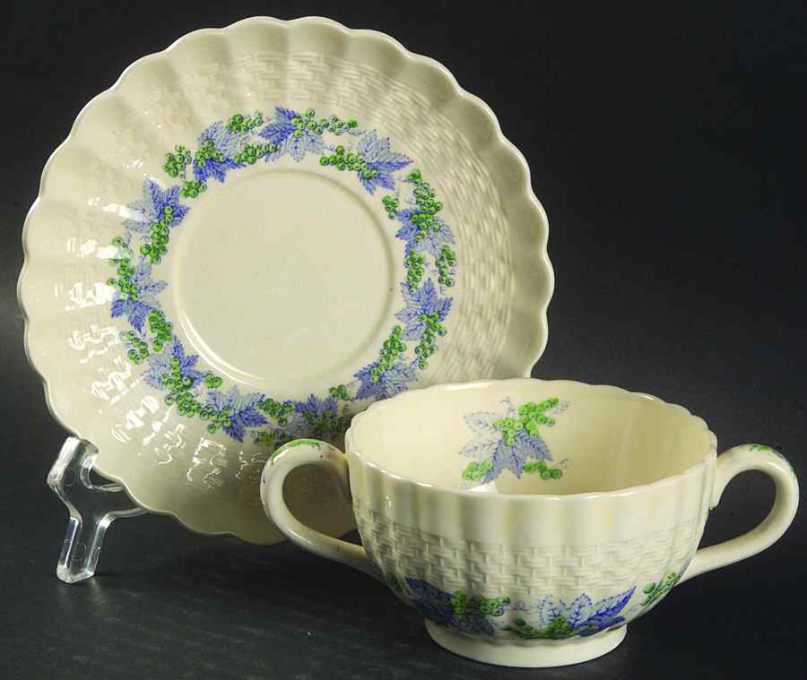 Valencia Blue Green (Cream Background) Footed Bouillon Cup & Saucer by Spode-1