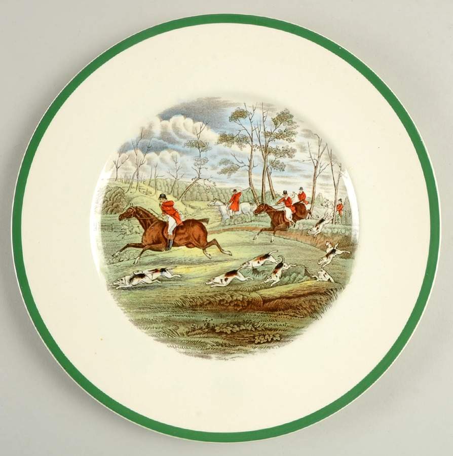 Herring Hunt (Smooth, Green Trim) Large Dinner Plate by Spode-1