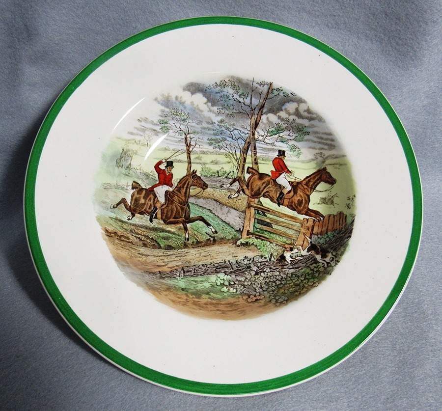 Herring Hunt (Smooth, Green Trim) Large Rim Soup Bowl by Spode-1