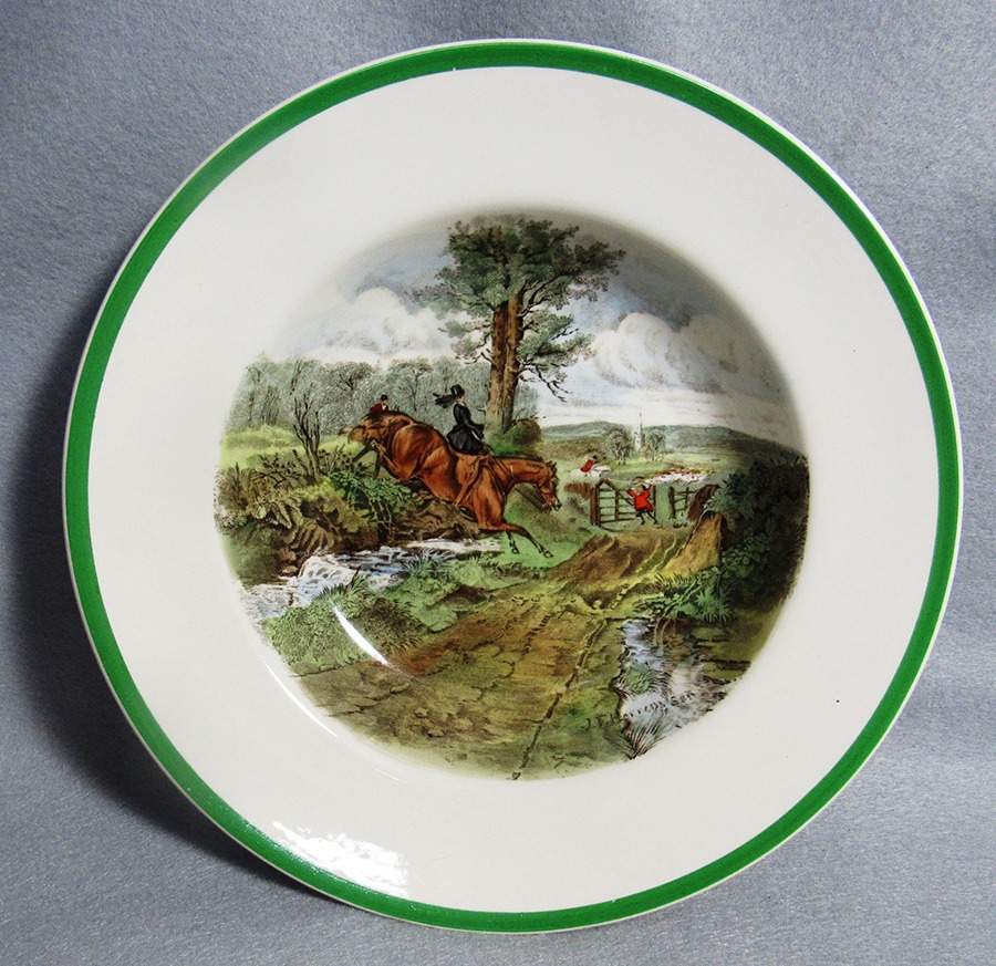 Herring Hunt (Smooth, Green Trim) Large Rim Soup Bowl by Spode-1
