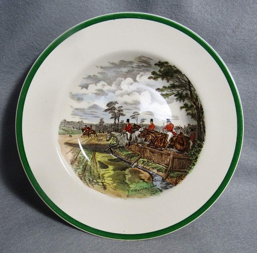 Herring Hunt (Smooth, Green Trim) Large Rim Soup Bowl by Spode-1