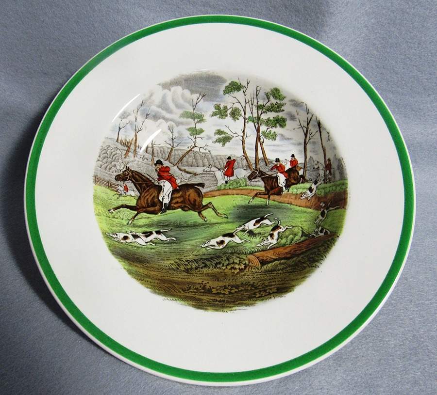 Herring Hunt (Smooth, Green Trim) Large Rim Soup Bowl by Spode-1