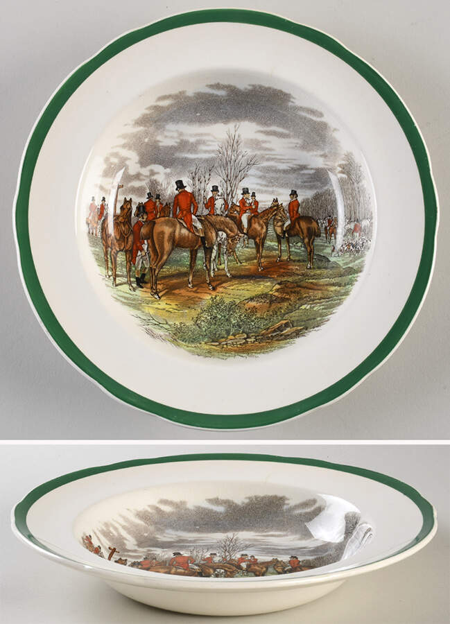 Herring Hunt (Smooth, Green Trim) Large Rim Soup Bowl by Spode-1