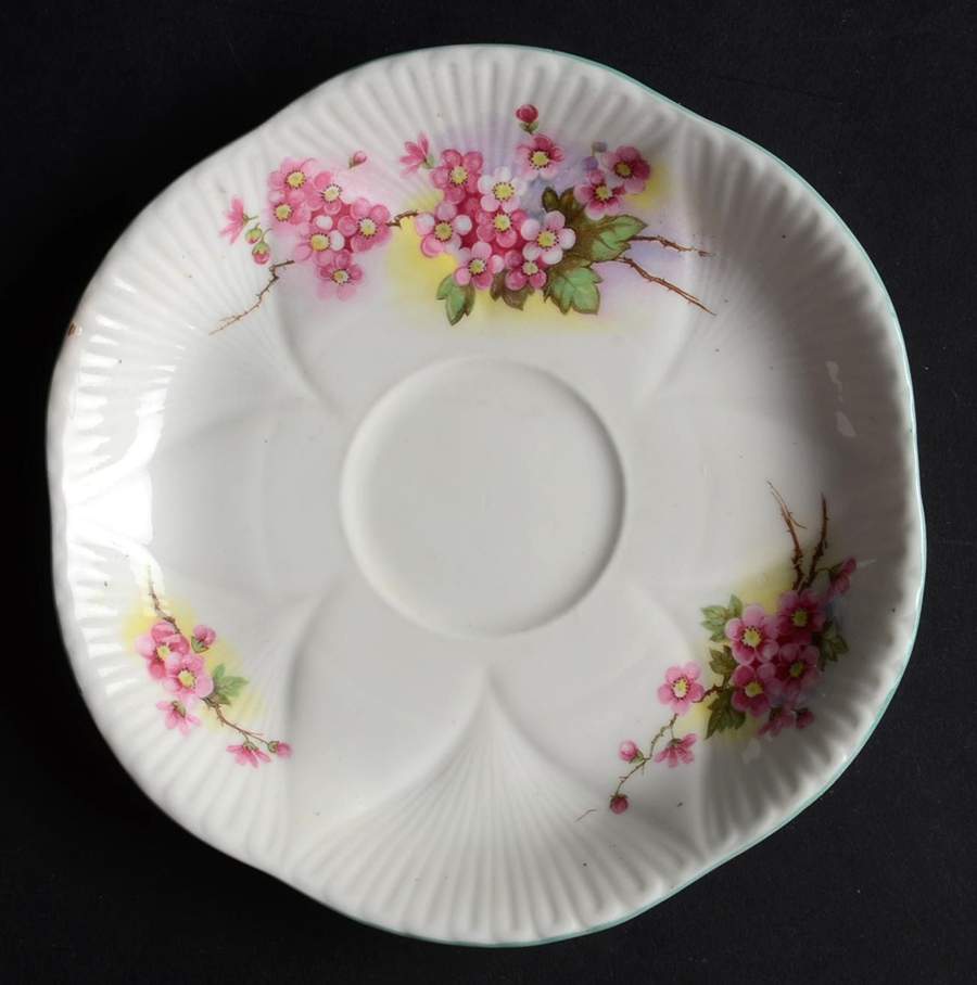Blossom (Dainty Shape, Green Trim) Saucer by Shelley-1