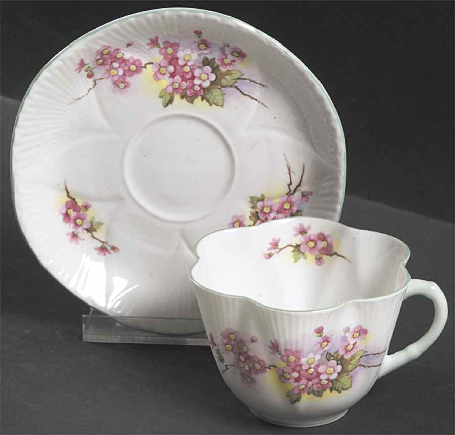 Blossom (Dainty Shape, Green Trim) Flat Cup & Saucer Set by Shelley-1