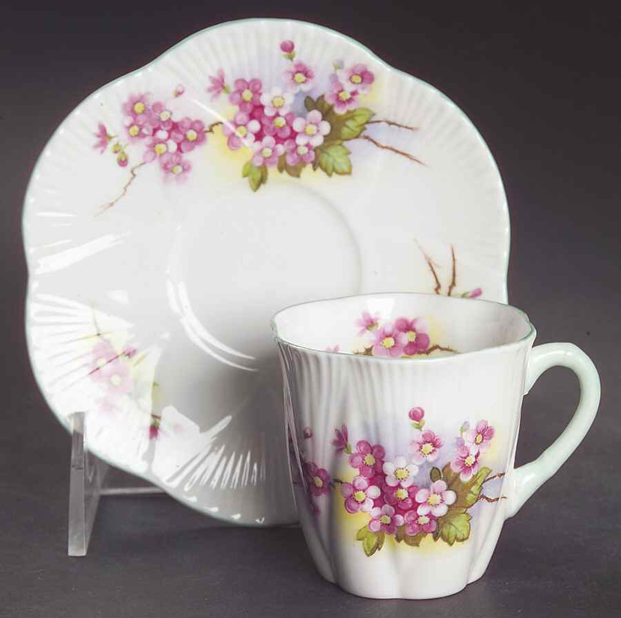 Blossom (Dainty Shape, Green Trim) Flat Demitasse Cup & Saucer Set by Shelley-1