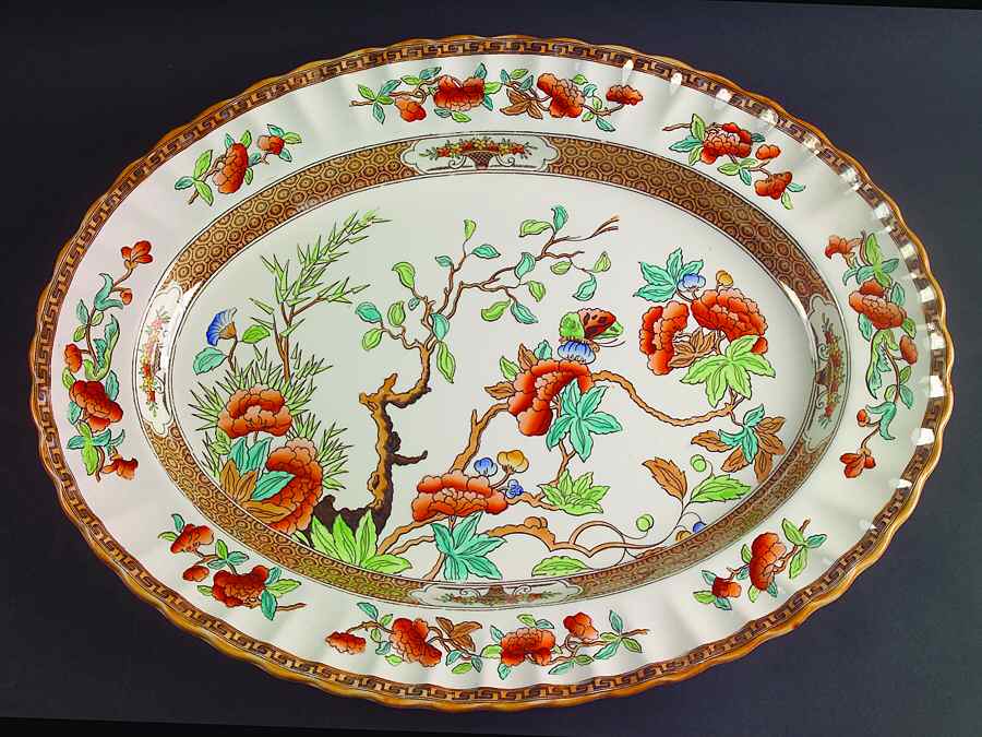 Indian Tree (Orange Rust, Scallop, Mustard Trim) 17" Oval Serving Platter by Spode-1